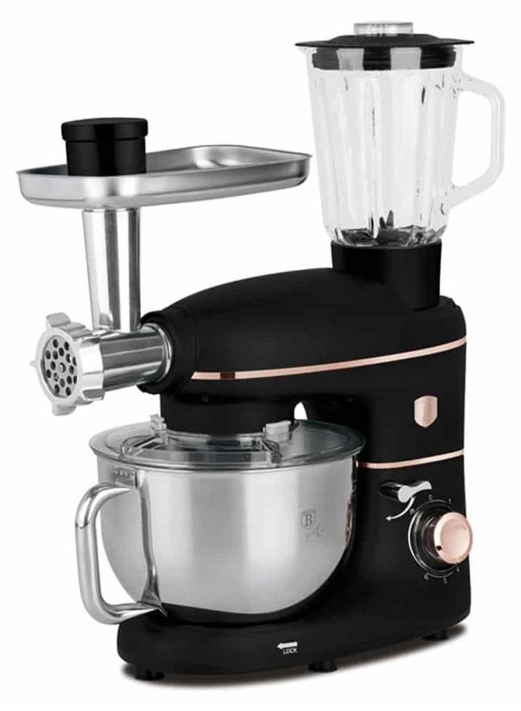 A black and rose gold multi-functional kitchen appliance with a meat grinder attachment and a blender jug.