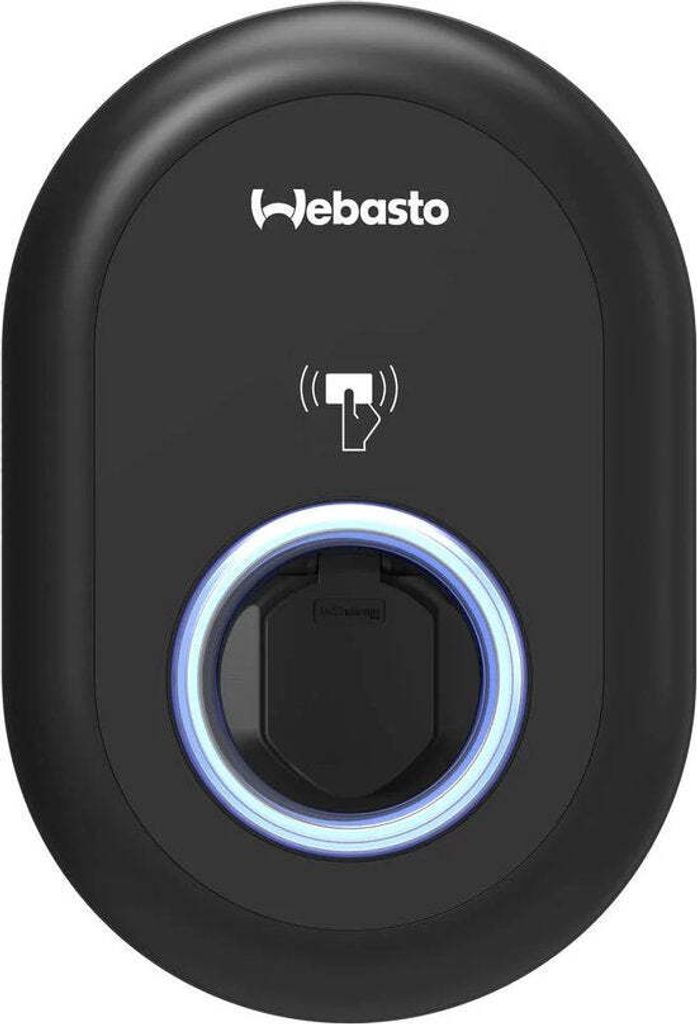 A black Webasto EV charging station mounted on a white background.