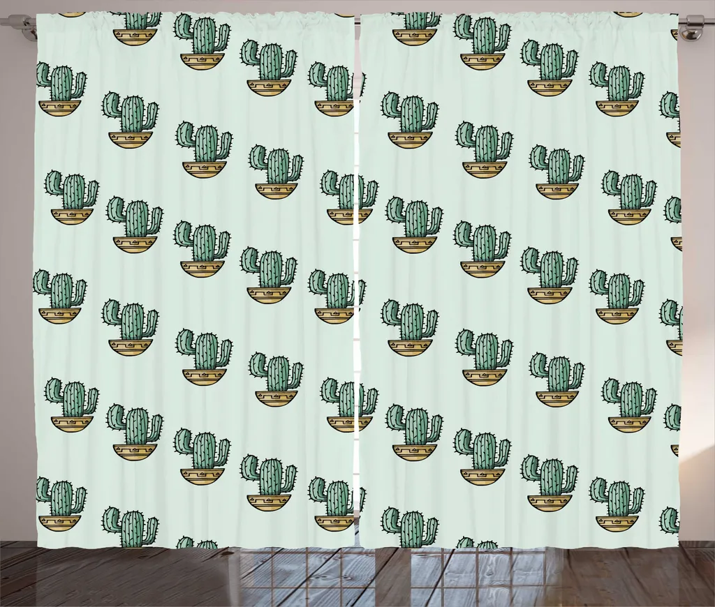 ABAKUHAUS Rideau Botanique Rustique Cactus en Pots 280x225cm Camel Vert