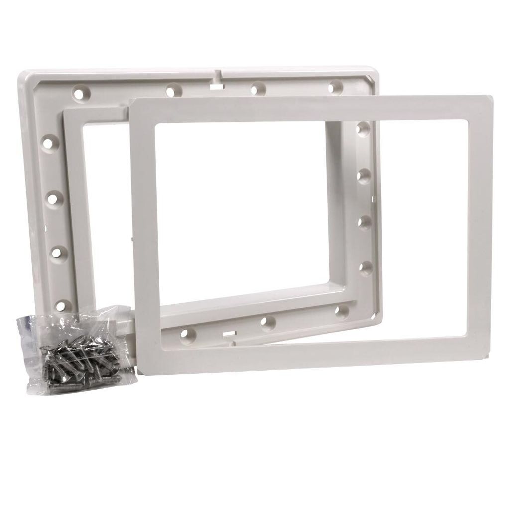 Two white plastic frames and a bag of screws on a white background.