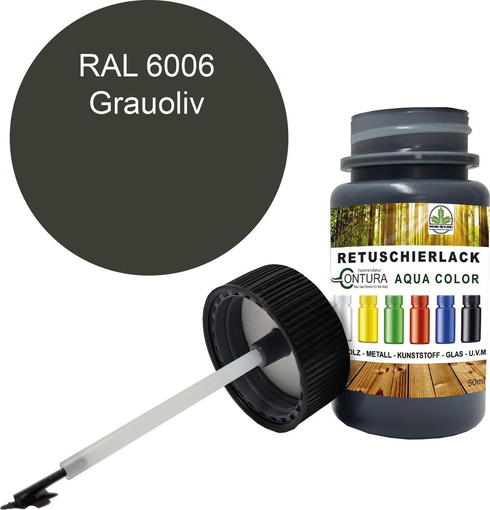 Reparaturlack Lackstift RAL Lack Pinselflasche 50ml. Farbe Holz Metall Möbel Auto Bad Retuschierlack - RAL 6006 Grauoliv