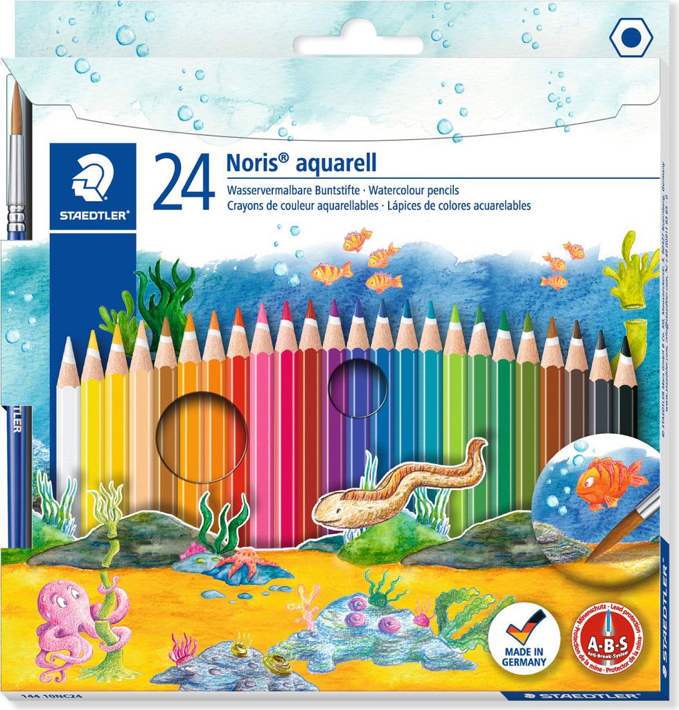 A box of watercolor pencils with an underwater scene illustration.