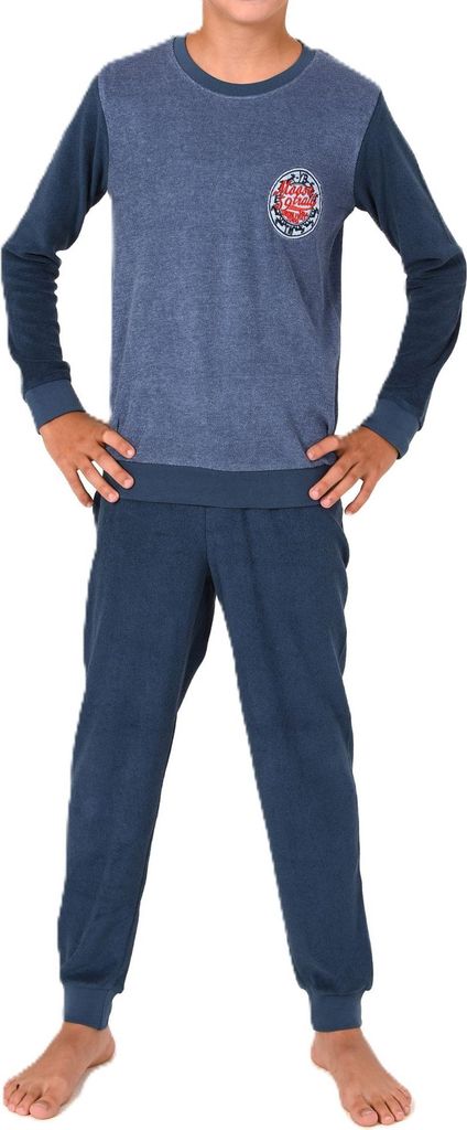 Normann Jungen Frottee Pyjama Schlafanzug mit Bündchen und Stickerei ; blau , 146