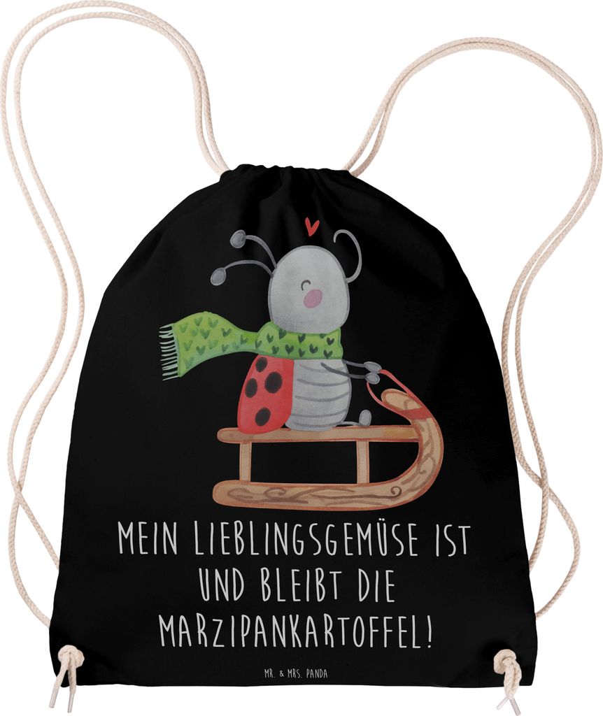 Mr. & Mrs. Panda Rucksackbeutel Smörle Rodeln - Schwarz - Geschenk, Weihnachten, Jutebeutel, Marzipan, Winter, Stoffbeutel, wander rucksack, mit k...