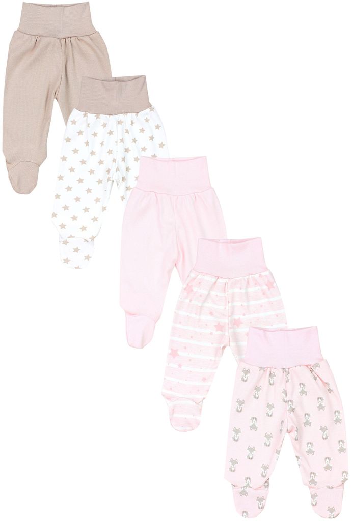 TupTam Baby Unisex Hose mit Fuß Bunte 5er Pack, Farbe: Fuchs Rosa Streifen Sterne Weiß Beige , Größe: 74