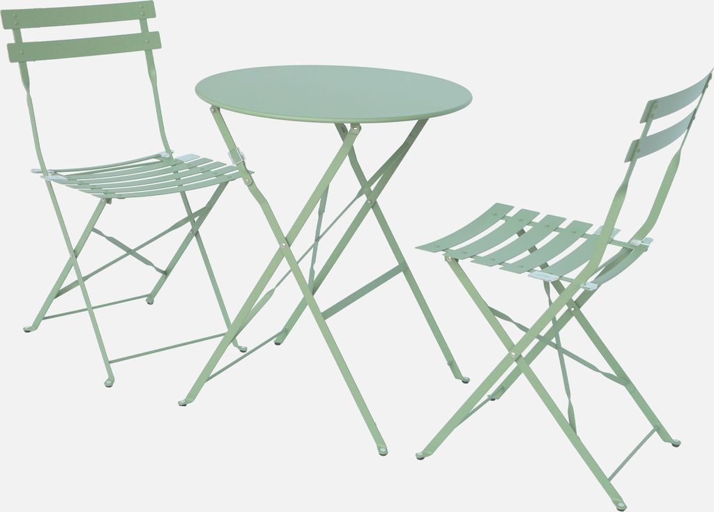 sweeek - Klappbarer Bistro-Gartentisch aus Stahl + 2 Stühlen - Graugrün