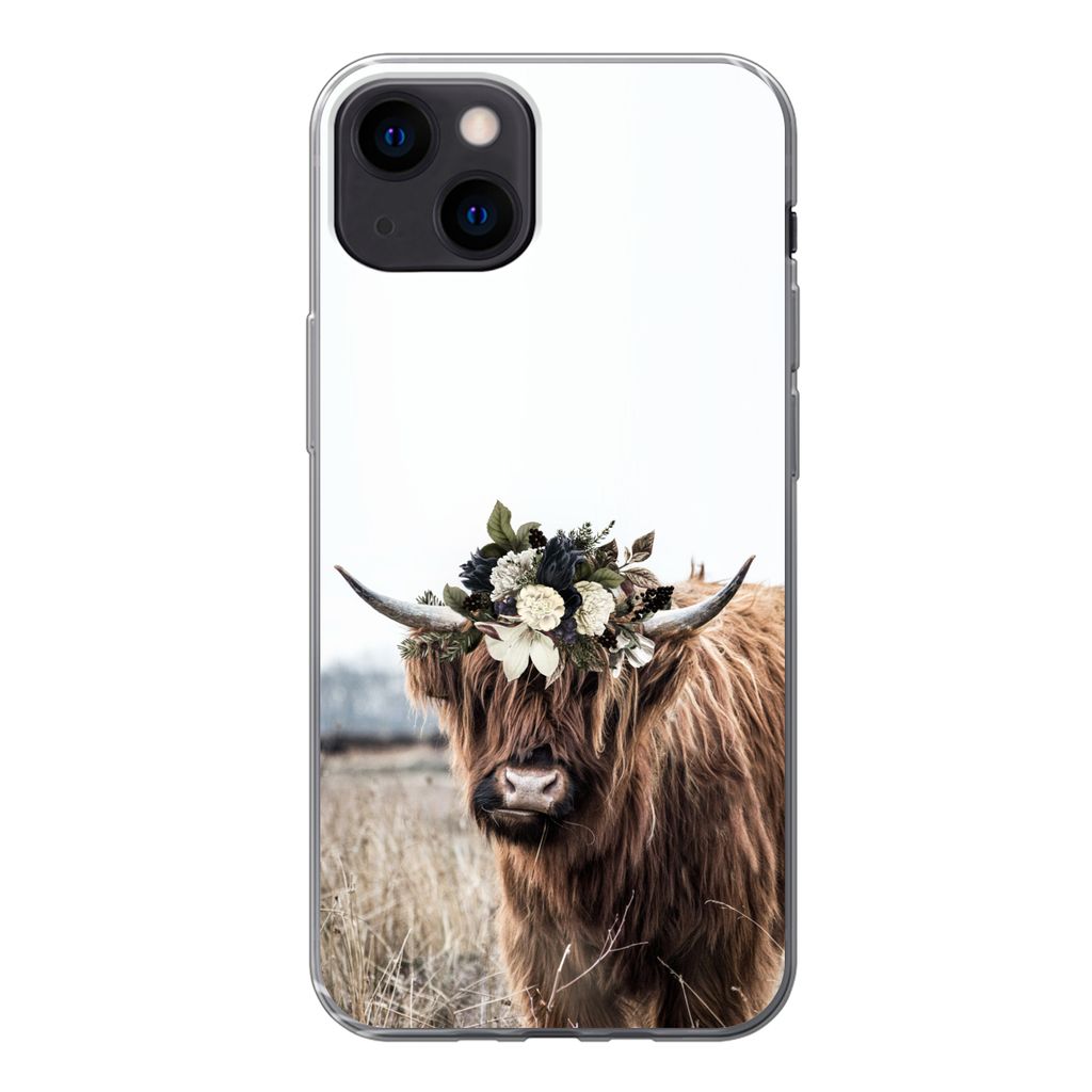 MuchoWow Handyhülle Schutzhülle Hülle für iPhone 13 Schottischer Highlander - Blumen - Tiere Silikon Softcase Handy Hülle - Karteninhaber