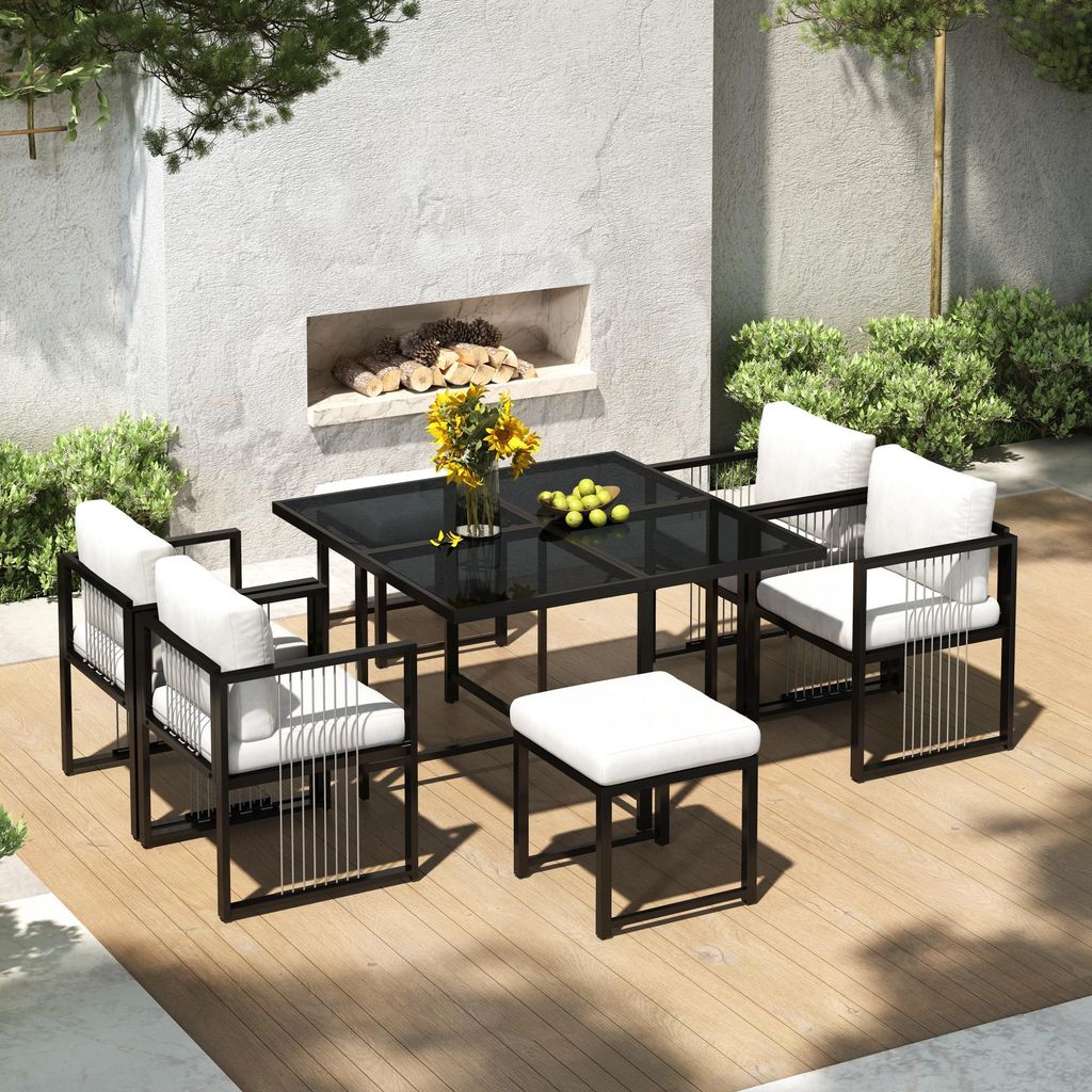Flieks Gartenlounge-Set 6 Sitzer, Gartenmöbelset Balkonmöbelset 7-tlg., Terassenmöbel aus Seil, Gartenstuhl mit Hocker und Gartentisch, Weiß Sc...