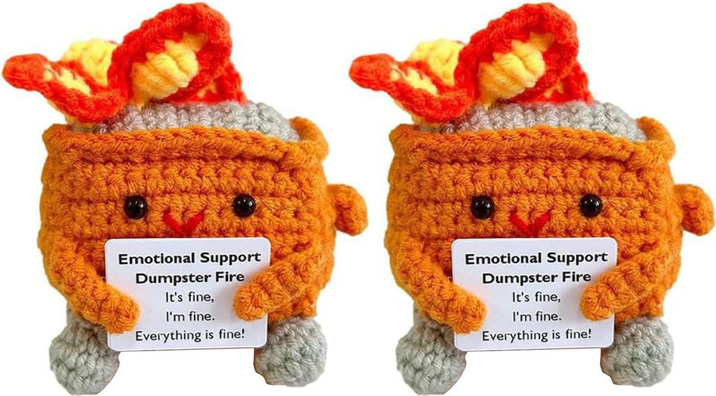 2 Stück positiver gehäkelter Flammen-Mülleimer mit ermutigender Karte, emotionale Unterstützung, handgefertigt, strickender Mülleimer, Puppend...