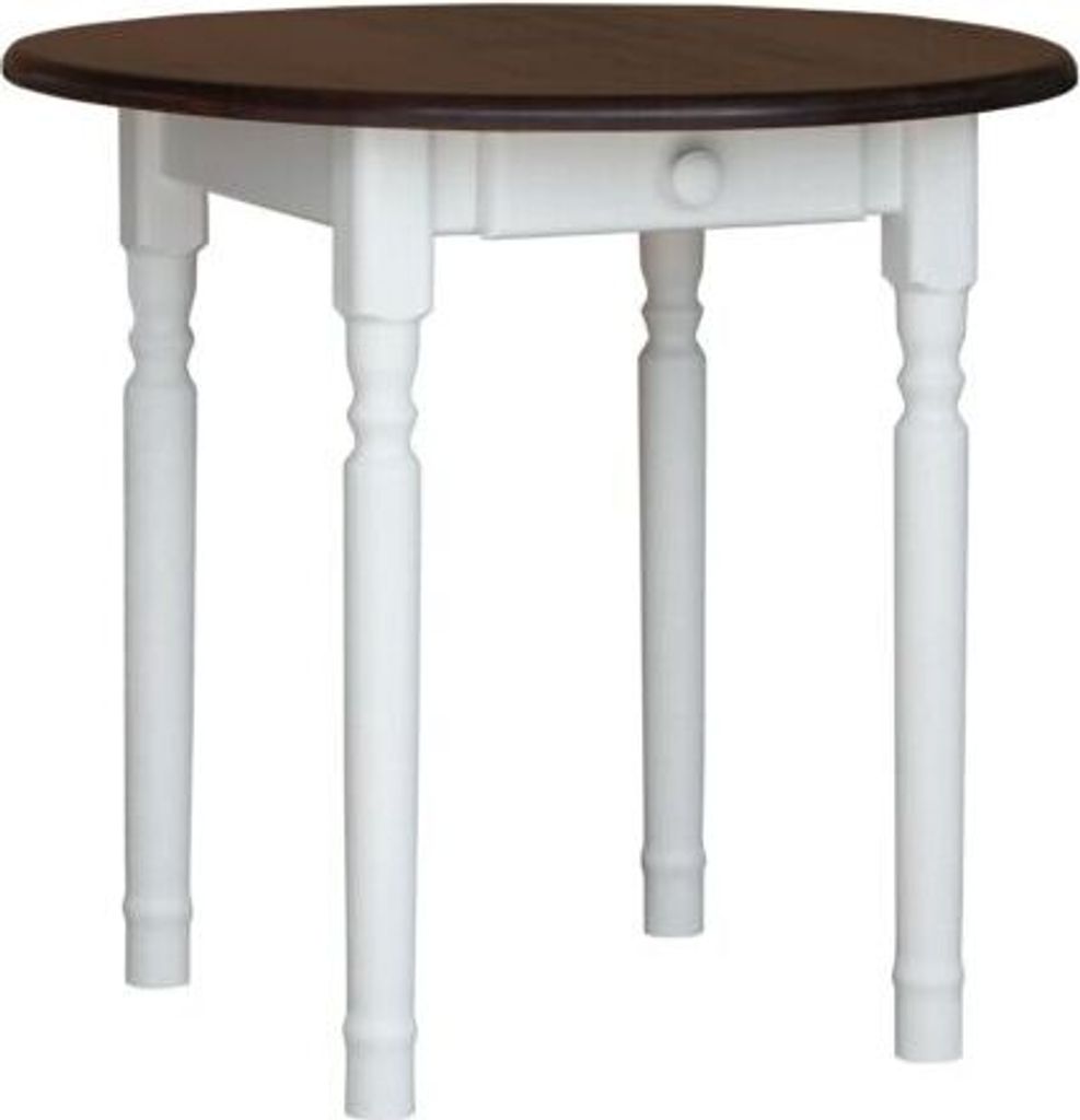 A round dining table with a white base and a dark brown top.
