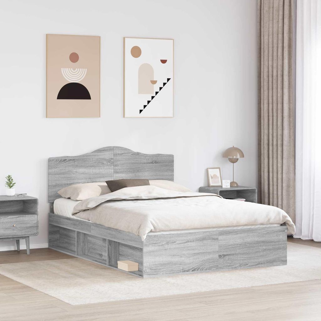 (Design 2026) Bettrahmen Graues Sonoma 150 x 200cm Massives Kiefernholz - HOMMIE 655578 - Klassische BettenJugendbett Tagesbett