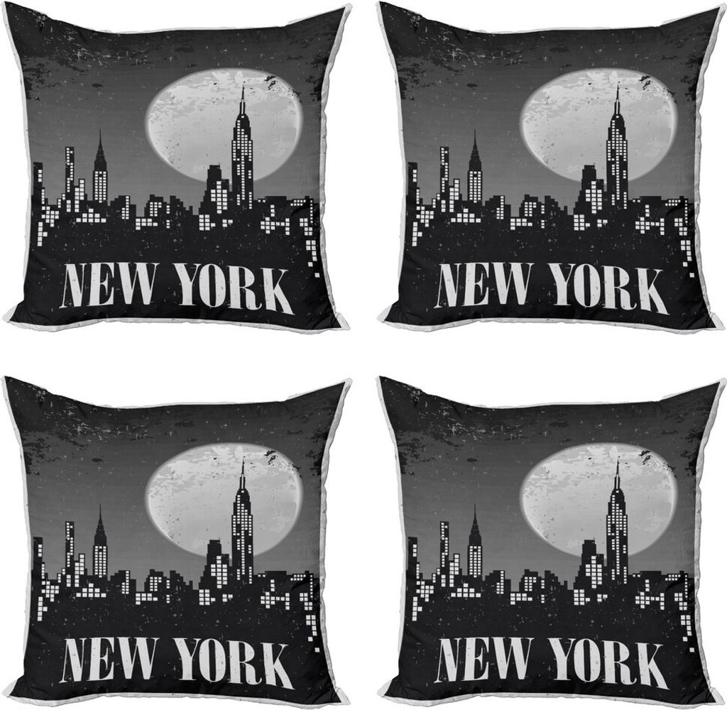 ABAKUHAUS NYC Szene Kissenbezug Set (4 Stück), Grunge Nächtliche Stadt, Moderner Doppelseitiger Digitaldruck, 45 cm x 45 cm, Grau Hellgrau