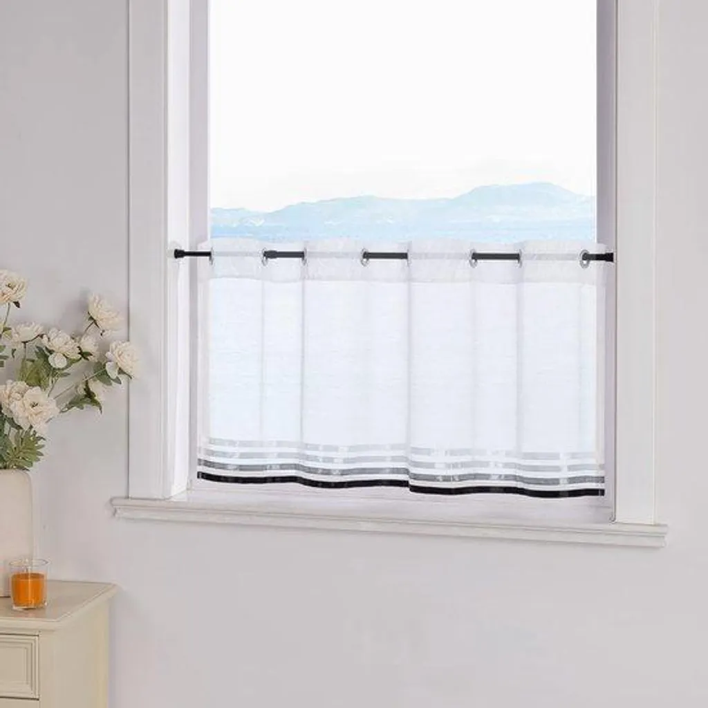 Rideau transparent 30 x 120 cm blanc et noir pour fenêtre de cuisine