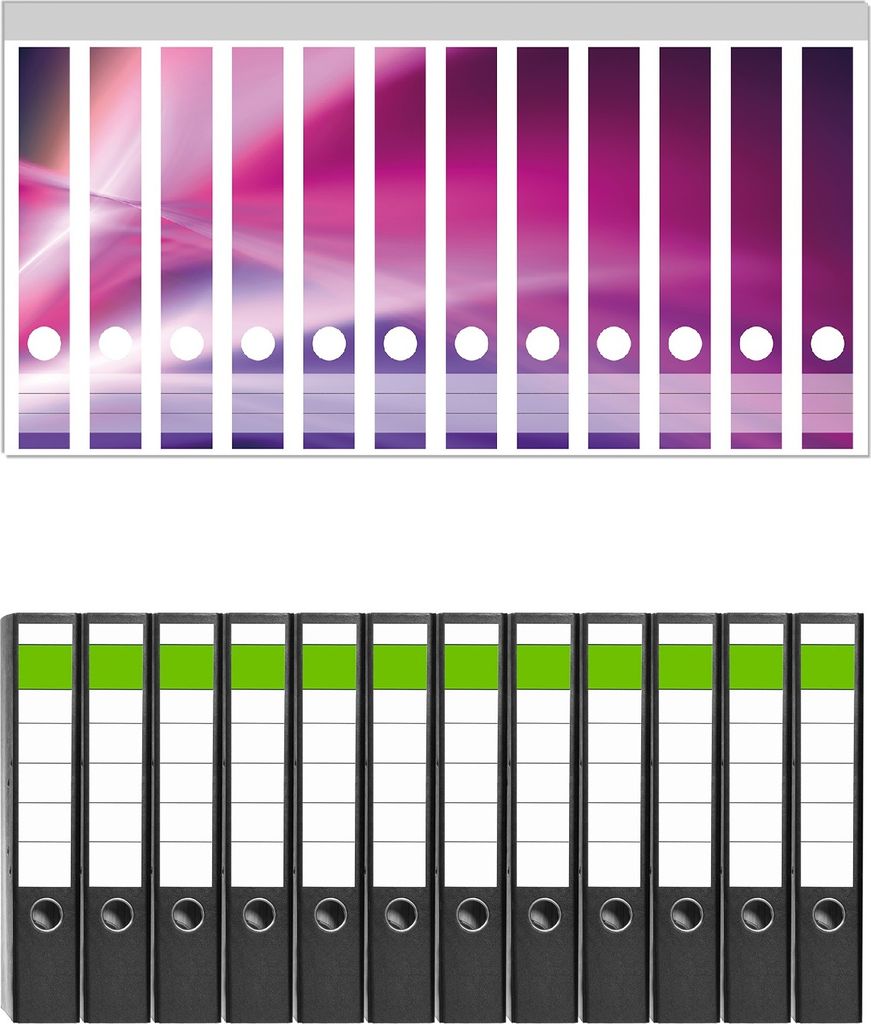 Wallario 12 Stück schmale Ordner inkl. Klebeetiketten mit Motive Abstrakte Formen und Linien in pink lila - Set mit Rückenschildern / Ordnerrüc...