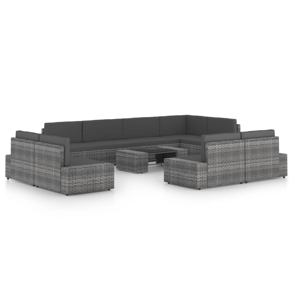 The Living Store 10-tlg. Garten-Lounge-Set mit Kissen Grau Poly Rattan