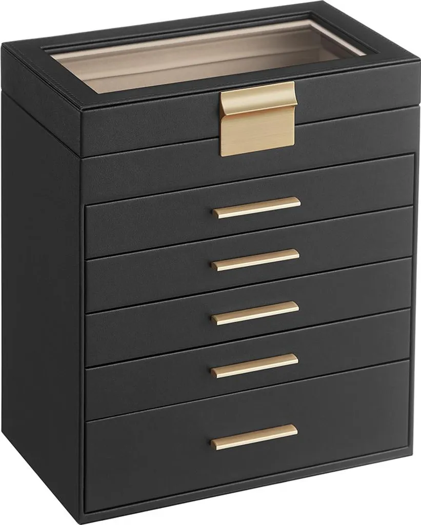 Coffret à bijoux à 6 niveaux noir graphite et or avec couvercle en verre