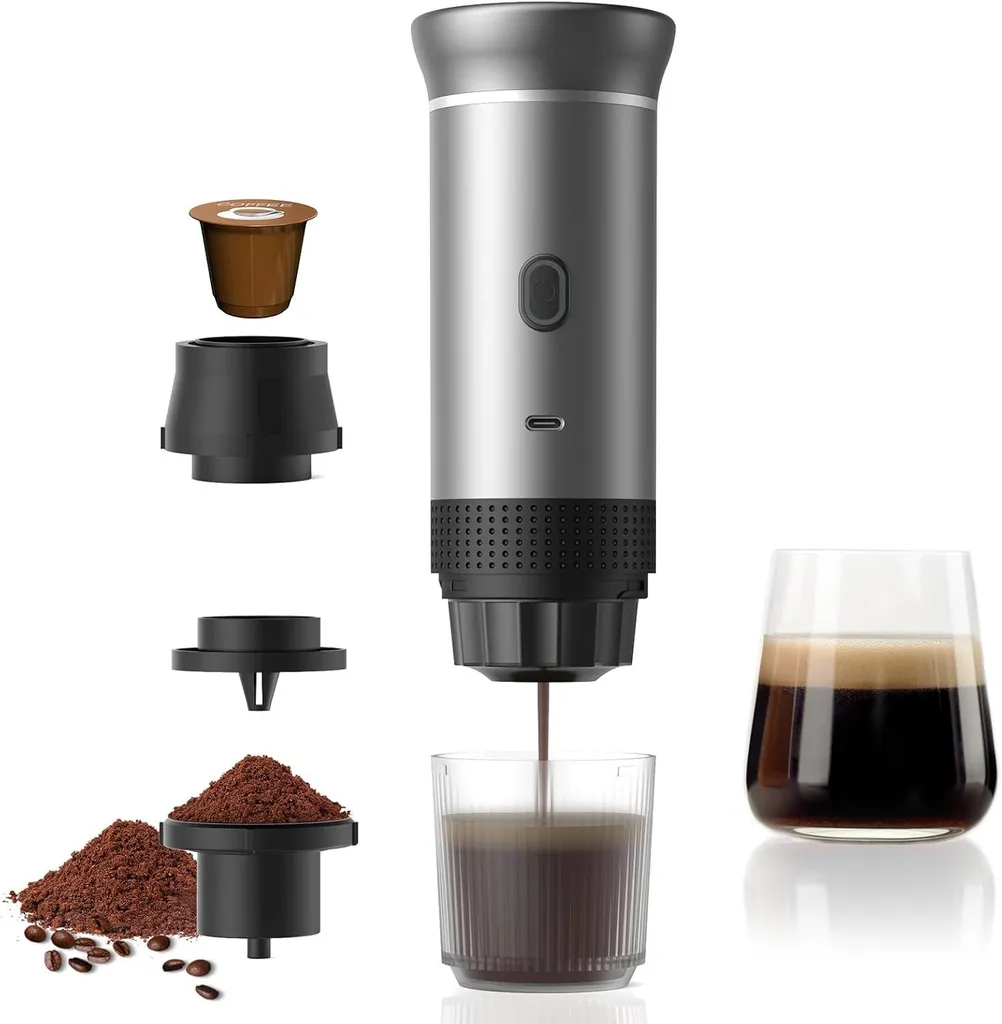 Tragbare Kaffeemaschine, 3-in-1-Akku-Kaffeemaschine für Kapseln und gemahlenen Kaffee, Espressomaschine für unterwegs - Schnelles Erhitzen, Grau