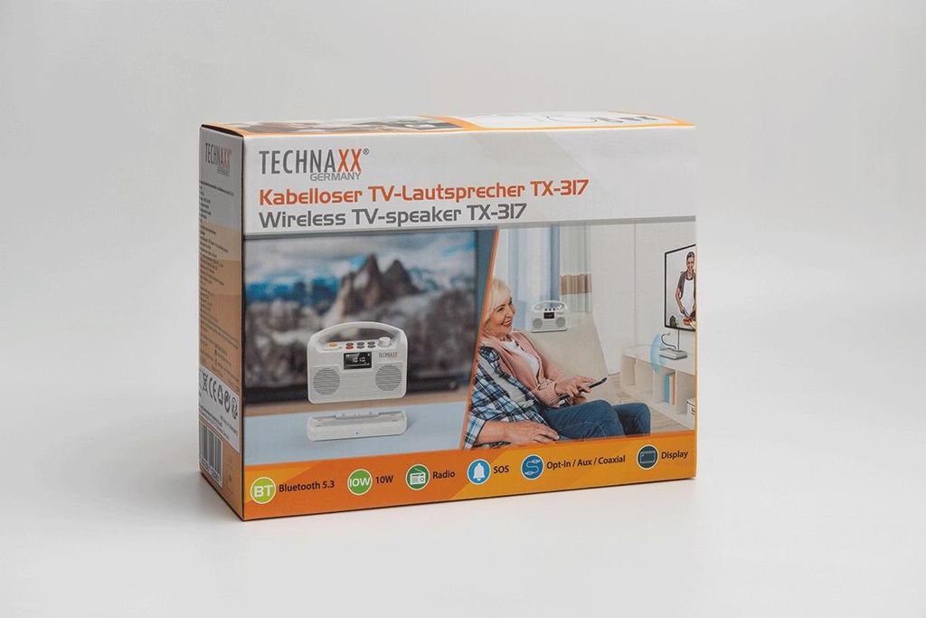 Technaxx Kabelloser TV-Lautsprecher mit Basisstation TX-317–Bluetooth 5.3, 2x5W Lautsprecher, LCD-Display, 3 Klangmodi, integriertes FM-Radio, bi...
