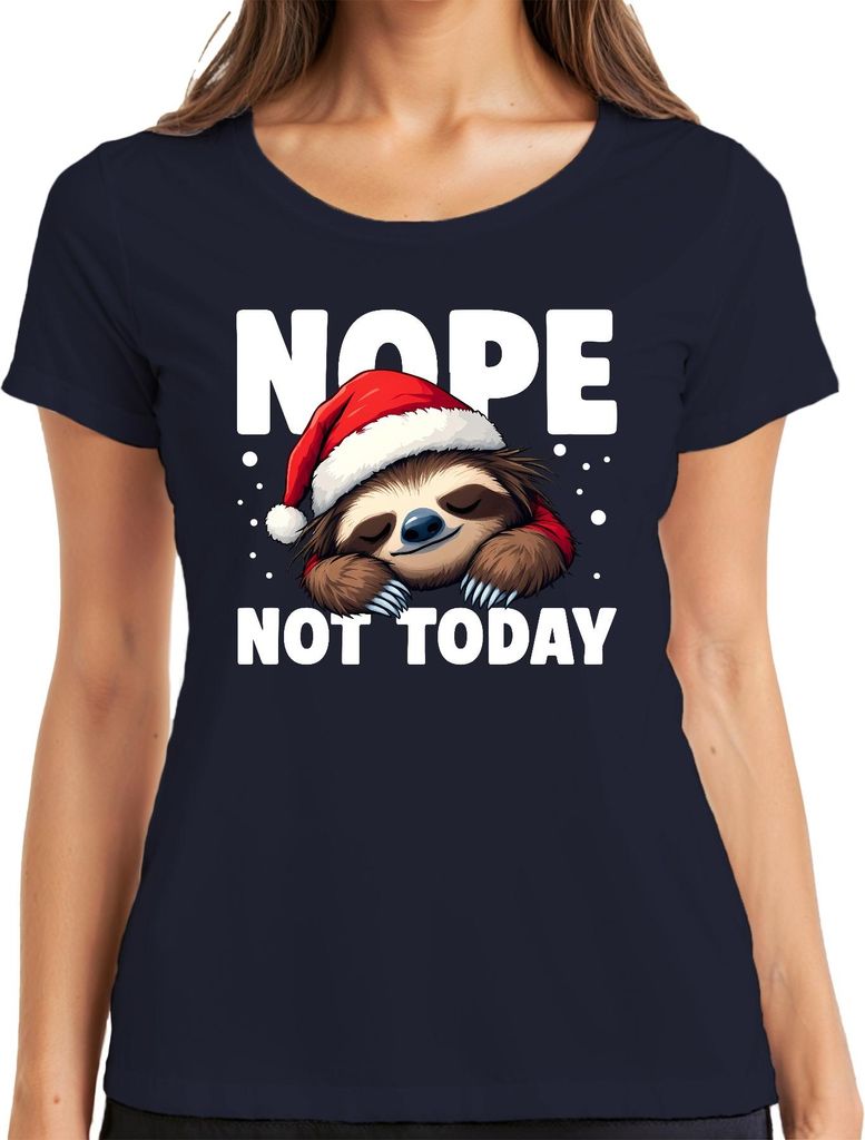 NOPE NOT TODAY Faultier Weihnachten Weihnachtsmütze faul süß Damen T-Shirt, Navy, XL