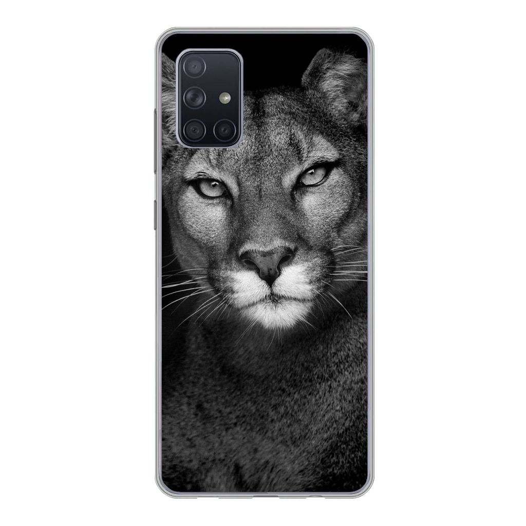 MuchoWow Handyhülle Schutzhülle Hülle für Samsung Galaxy A51 Porträtfoto eines Pumas auf schwarzem Hintergrund Silikon Softcase Handy Hülle...