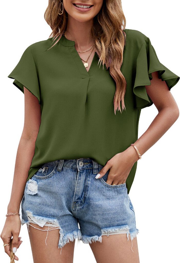 ASKSA Damen Bluse Chiffon Elegant V-Ausschnitt Rüschen Sommer Kurzarm Lose Oberteile Casual Tunika Tops, Armeegrün, XXL