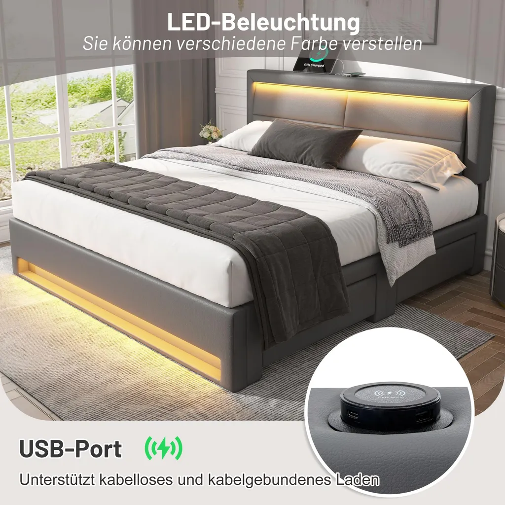 Lit Double Gris 140x200 cm en Polyuréthane avec Chargeur Induction