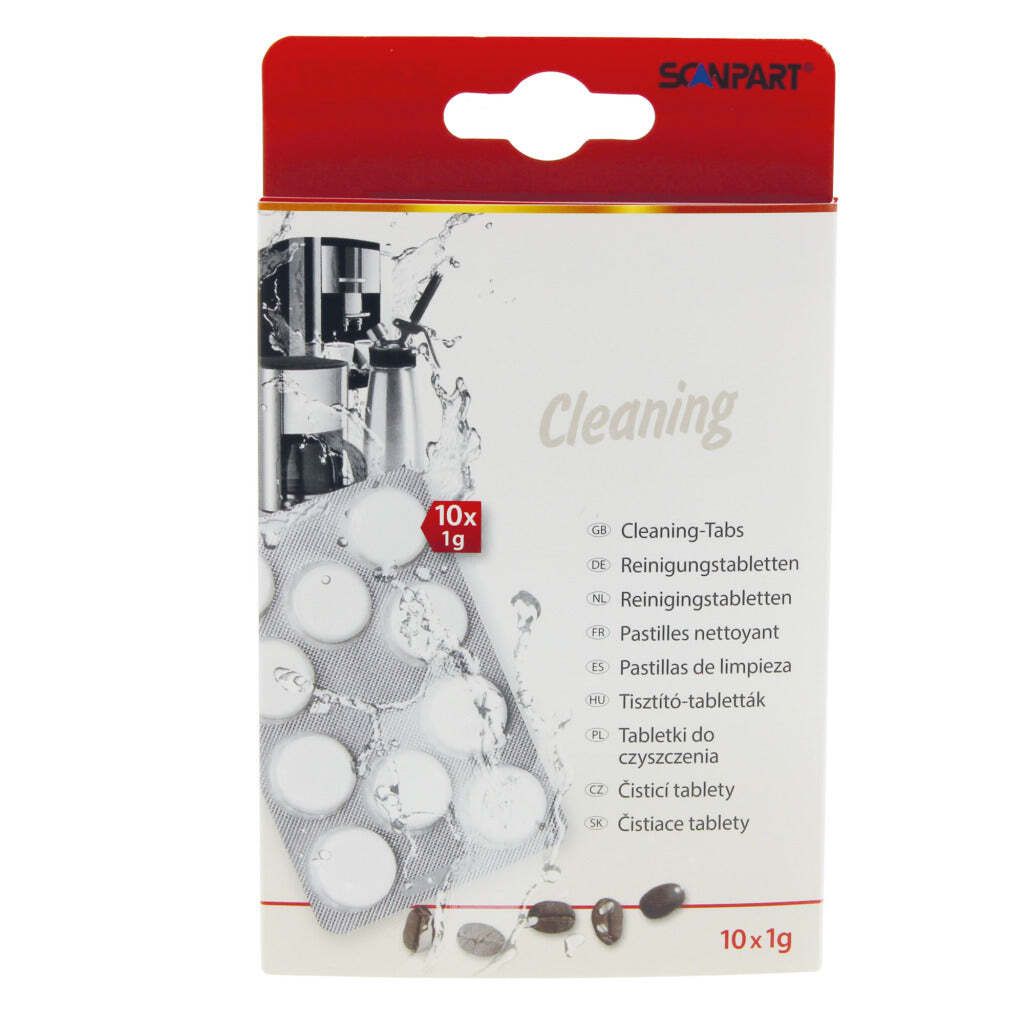 A box of cleaning tablets for coffee machines.