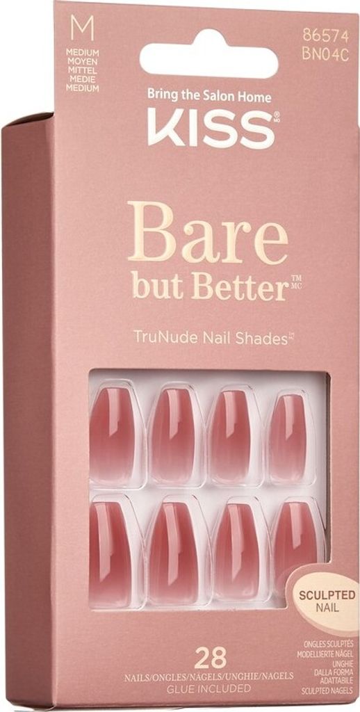 A box of Kiss artificial nails, showing the packaging and the nails inside.
