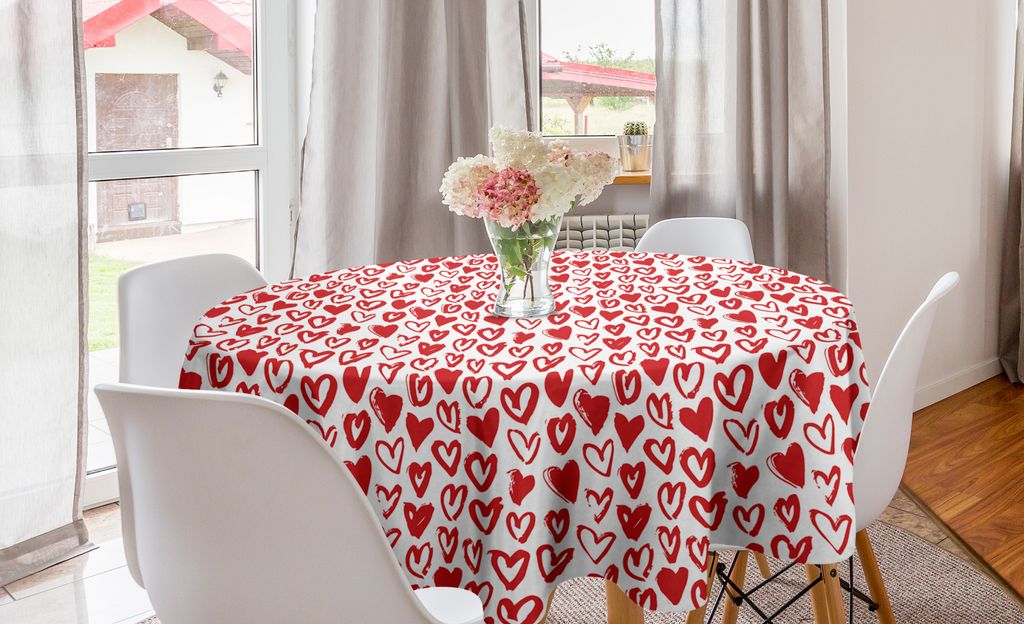 ABAKUHAUS Valentinstag Runde Tischdecke, Pinselzeichnung Herzen, Kreis Tischdecke Abdeckung für Esszimmer Küche Dekoration, 150 cm, Vermilion Weiß