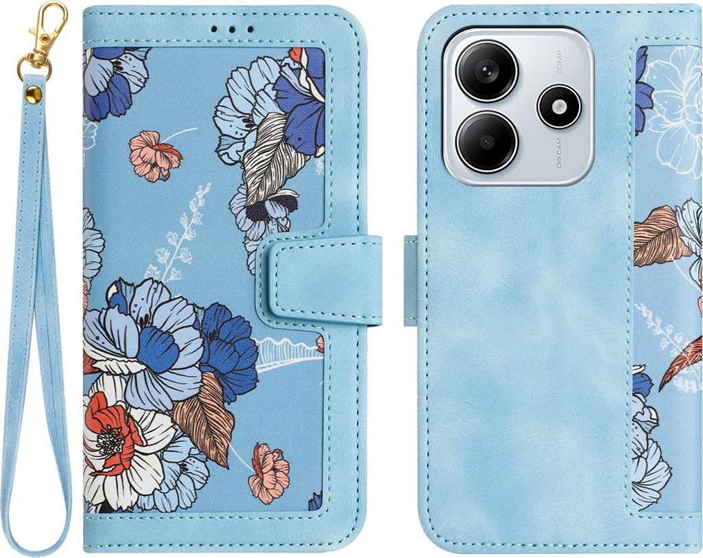 Für Xiaomi Redmi Note 14 5G Kunstleder Wallet Handy Tasche Blumen Design Hülle Etuis Hellblau