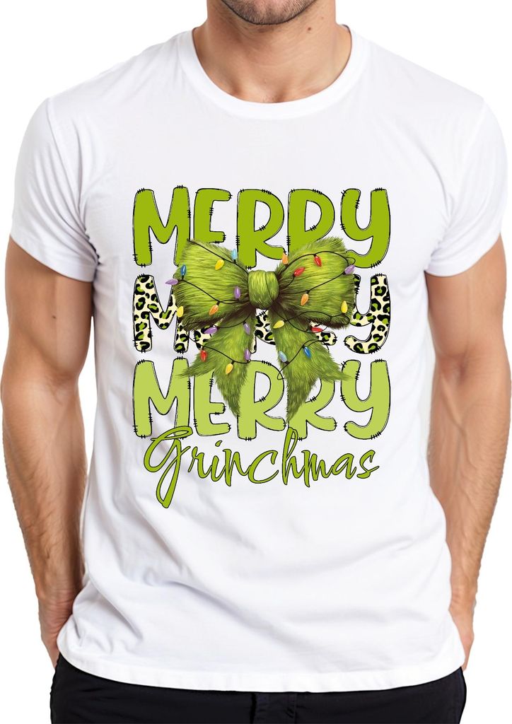 Merry Grinchmas grüne Schleife Weihnachten Leopardenmuster Geschenk Herren T-Shirt, Weiß, S