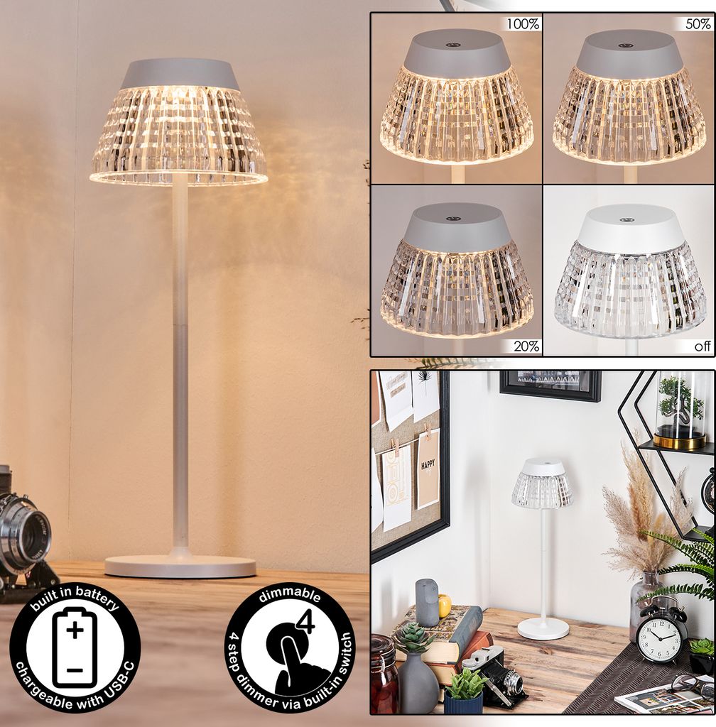 Cosenza Tischlampe dimmbar aus Metall/Kunststoff in Weiß/Klar
