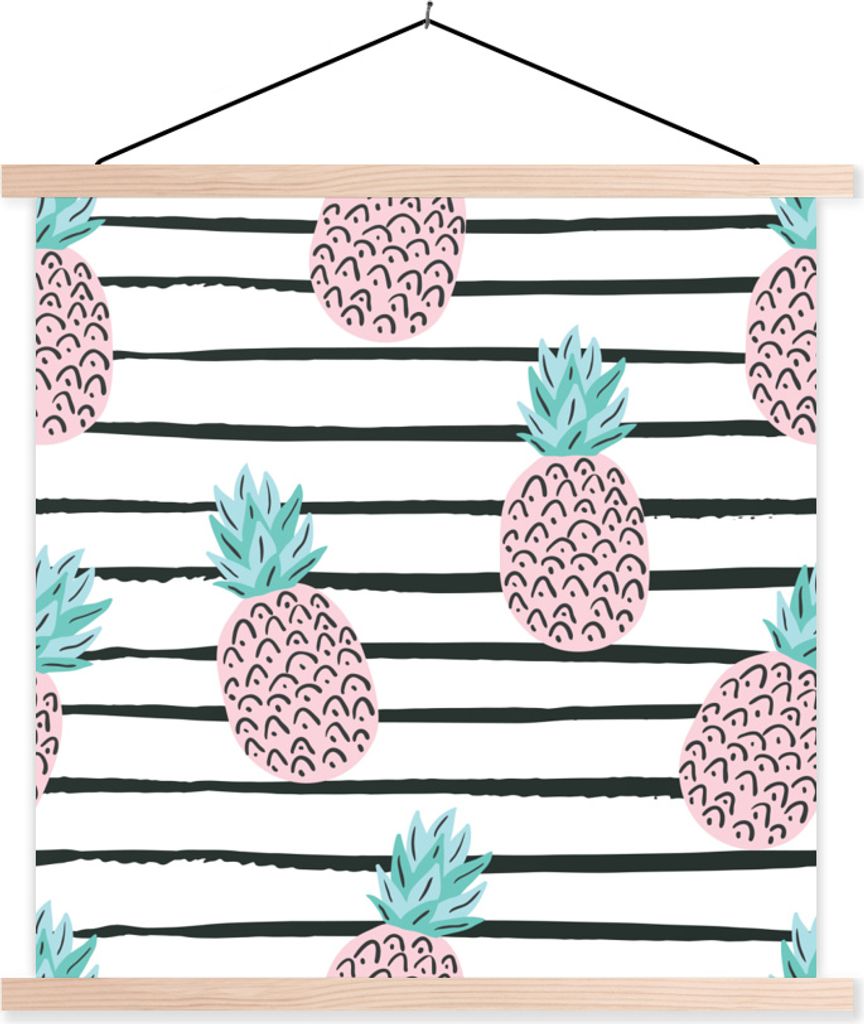 MuchoWow Textilposter Sommer - Ananas - Streifen 120x120 cm mit holzfarbenen Rahmen - Textil-Poster