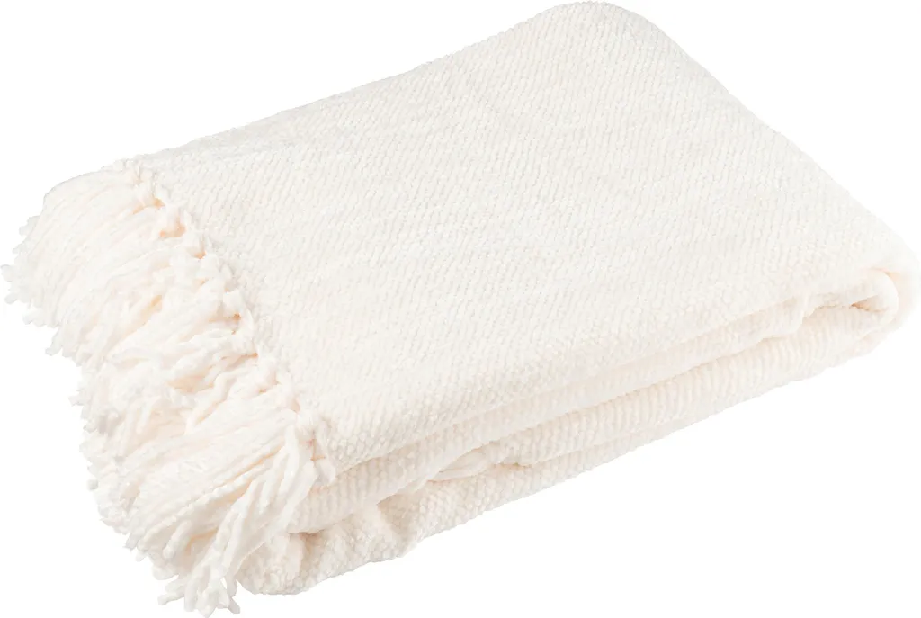 Plaid en Chenille Blanc J-Line - Couverture Douce pour Canapé et Lit