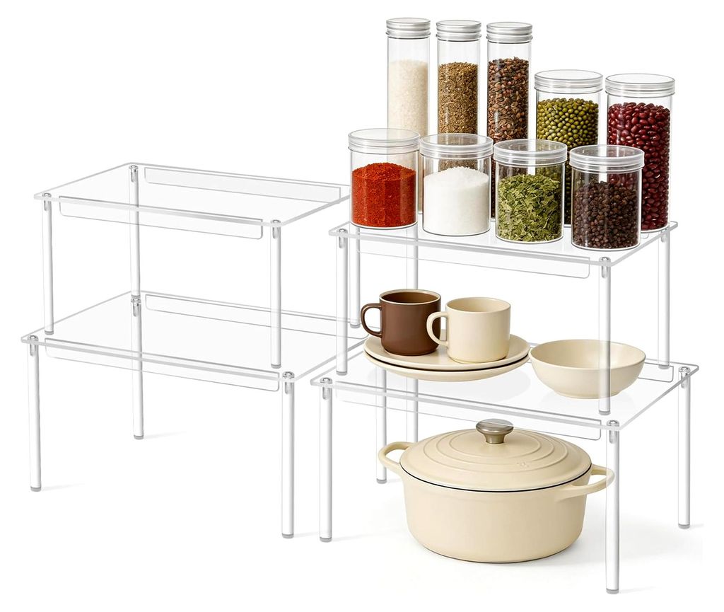 4 Stück Acryl Küchen Organizer Regal Erweiterbar Transparent Stapelbar für Küche Bad Desktop