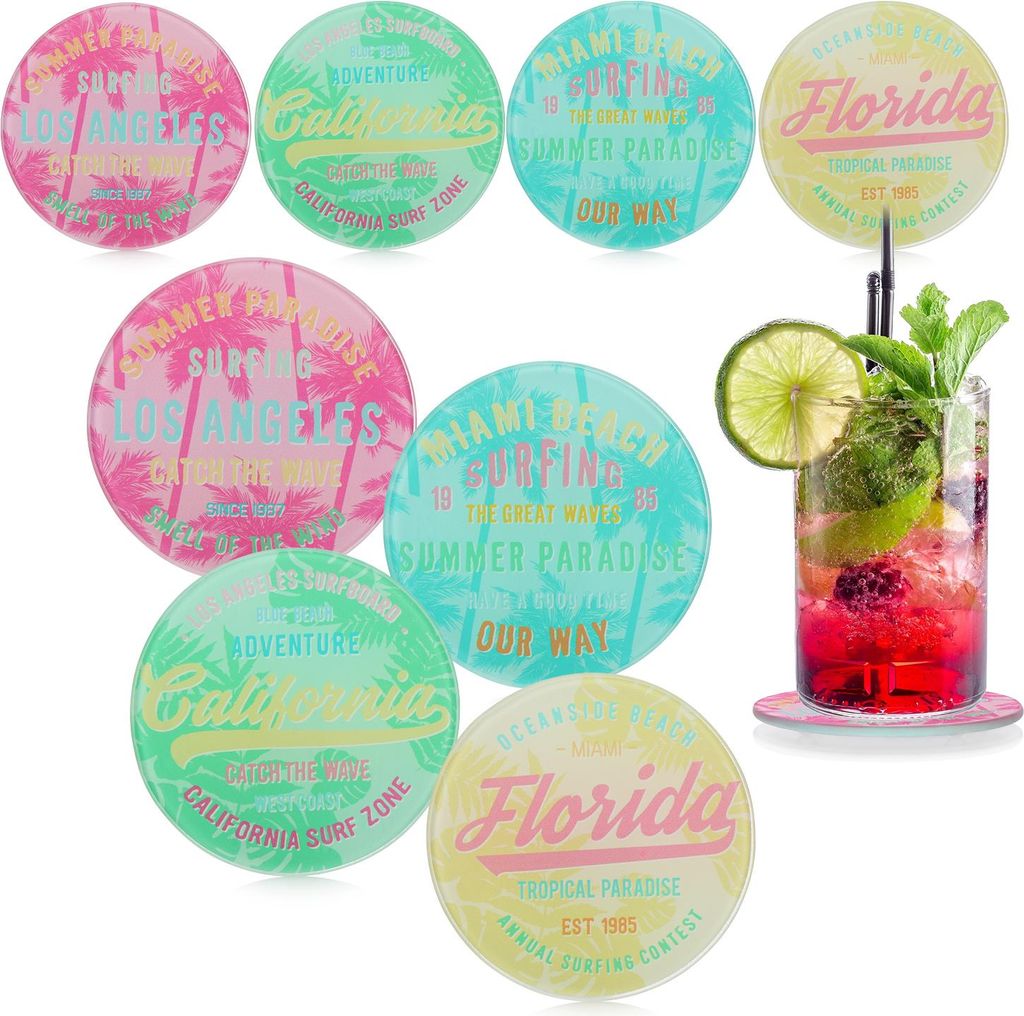 com-four 8x Glas-Untersetzer für Getränke - Runde Getränkeuntersetzer für jeden Tisch - Untersetzer aus Glas mit "Surfing"-Motiv - Cocktail-D...