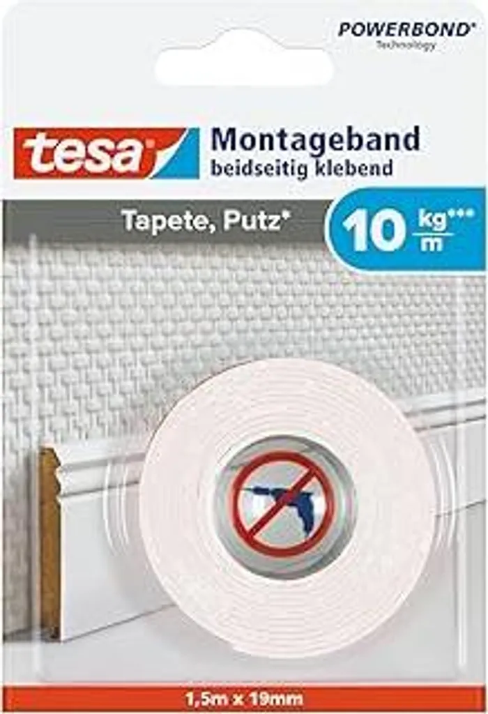 Nastro adesivo tesa per carta da parati e intonaco, 10 kg di forza di tenuta al metro - nastro adesivo biadesivo resistente per il fissaggio su gesso e carta da parati - 1,5 m x 19 mm