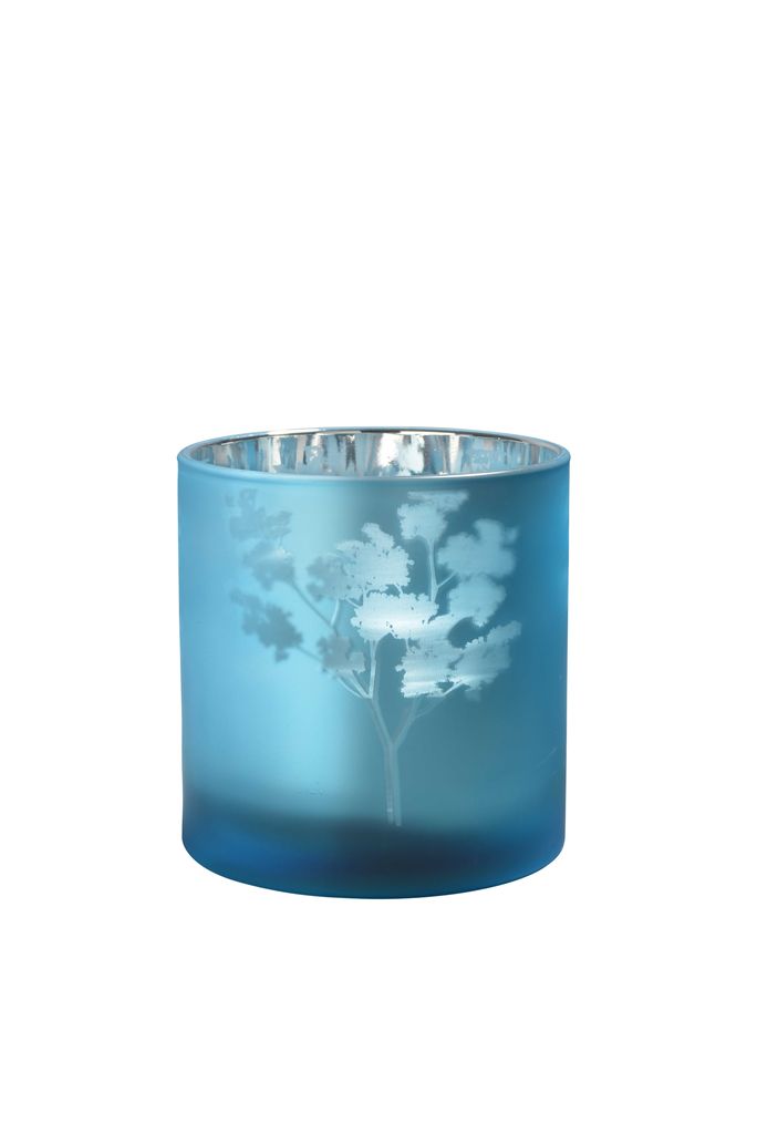 Windlicht Vase aus Glas blau silber mit Blumenmuster 15cm Produktbild 
