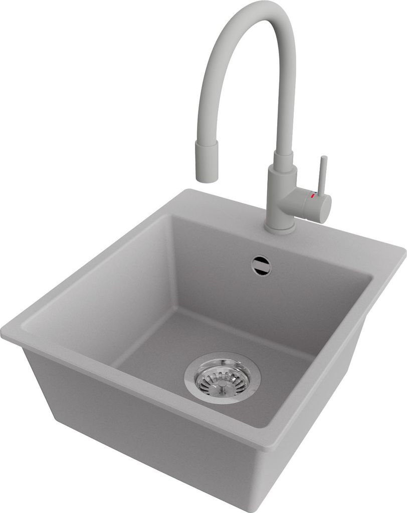 PRIMAGRAN Granitspüle Grau 38x44cm, Spülbecken 1 Becken + Küchenarmatur 38x14cm + Ablauf-Set, Küchenspüle ab 40er Unterschrank - Riga Easy