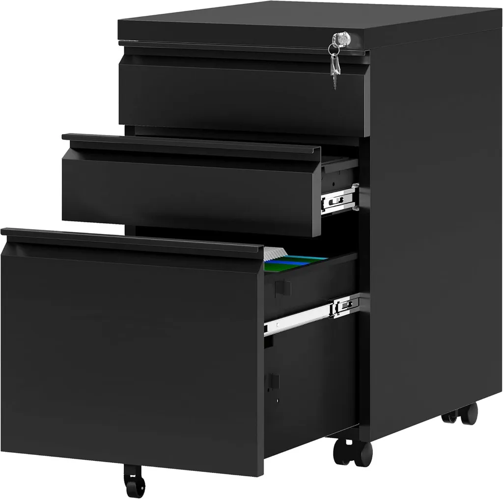 Petit meuble de bureau noir à tiroirs sur roues pour gagner de la place