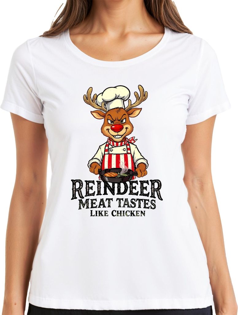 Reindeer Meat Tastes Like Chicken Rentier Koch Schürze lustig Damen T-Shirt, Weiß, XXL