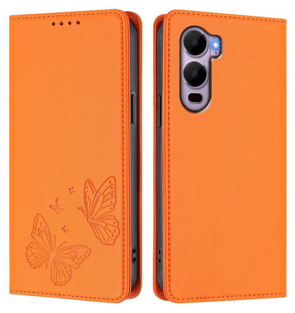 Lederhülle für itel City 200, Schmetterling Prägung Leder Brieftasche Schutzhülle mit Ständer Orange