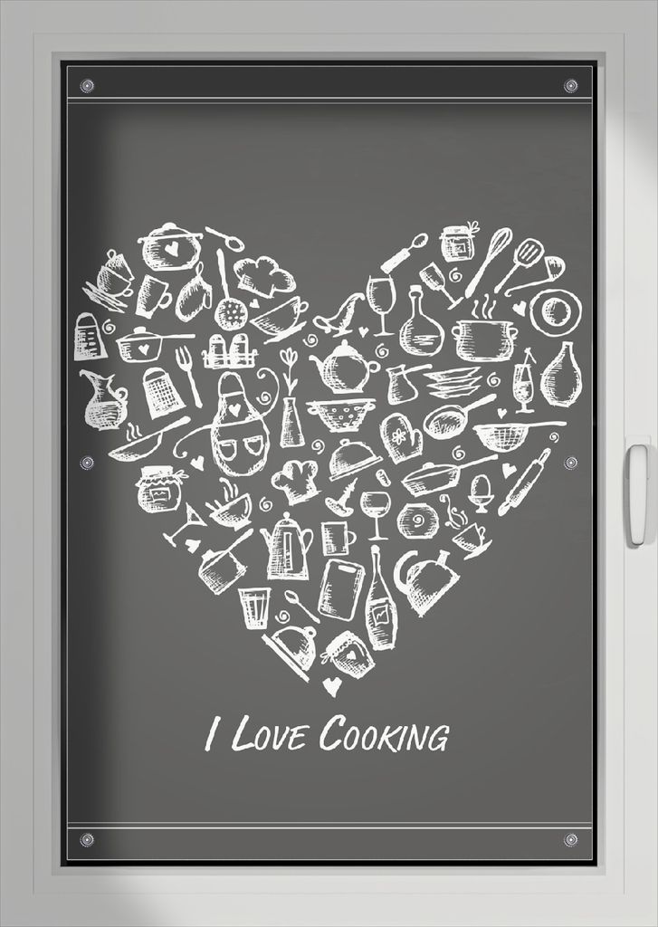 Wallario Lichtschutzbild, Dekorativer Sichtschutz Sonnenschutz 76 x 115 cm mit Motiv: I Love Cooking - Herz aus Küchenutensilien in schwarz weiß ...