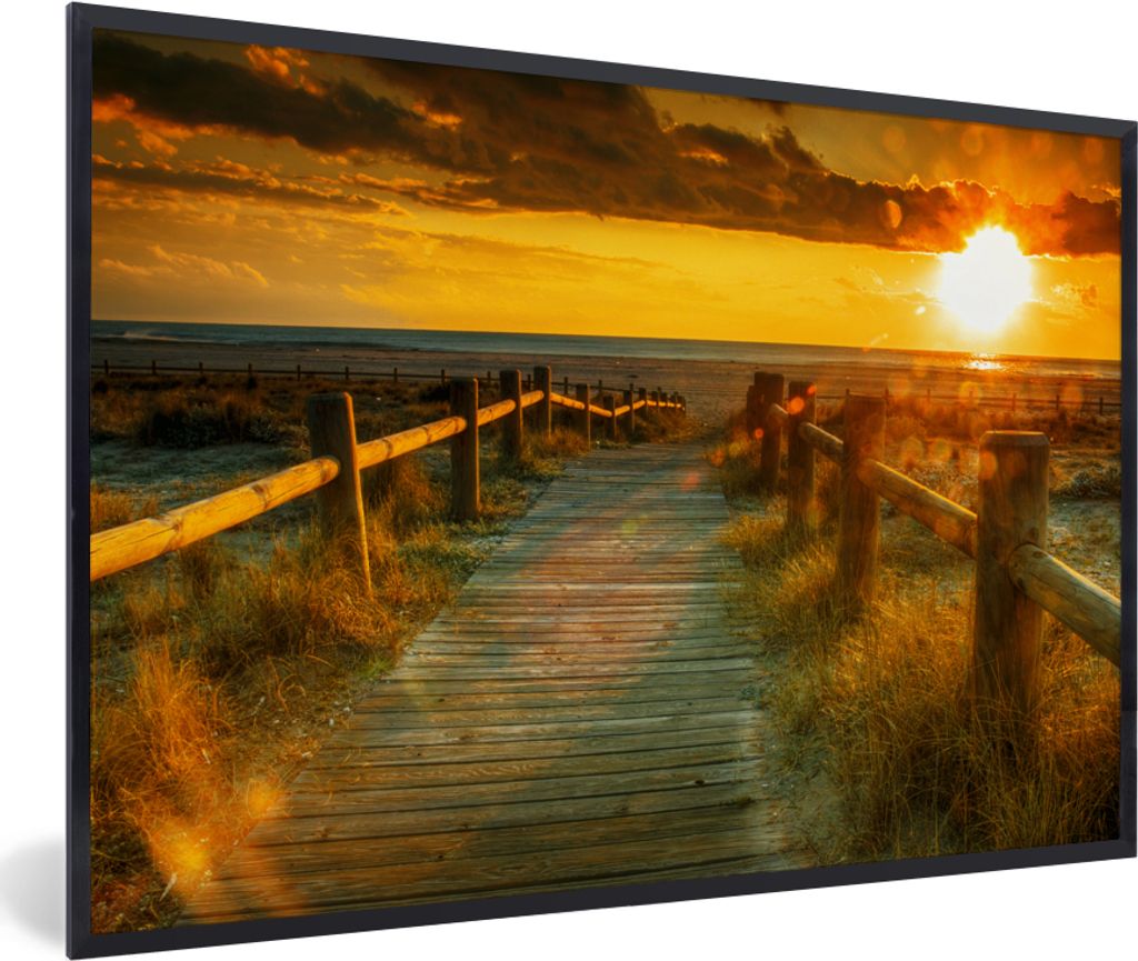 MuchoWow Gerahmtes Poster Sonne - Strand - Düne - Horizont - Gras - Weg - Orange 90x60 cm - Poster mit Schwarzem Bilderrahmen Wandposter Rahmen ...