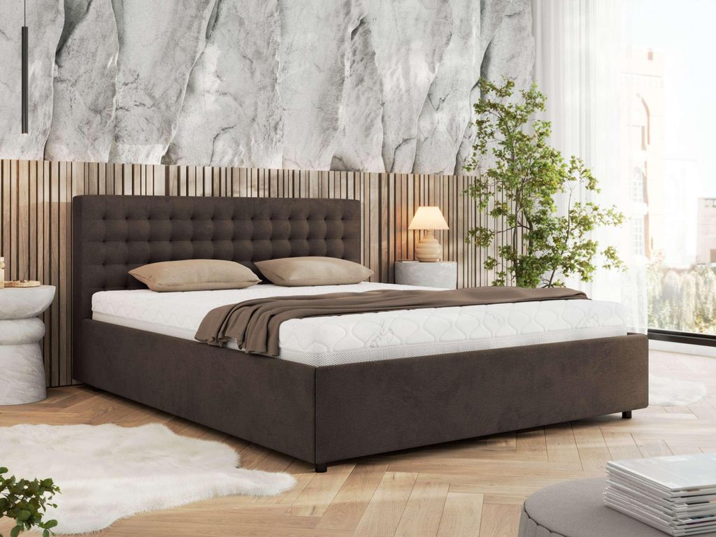 MKS MEBLE Polsterbett Doppelbett PAVO CLASSIC Bett mit Stauraum Gasdruck-Mechanismus Stauraumbett Multipocket Matratze ELORI LUX 200x200 Braun Velvet