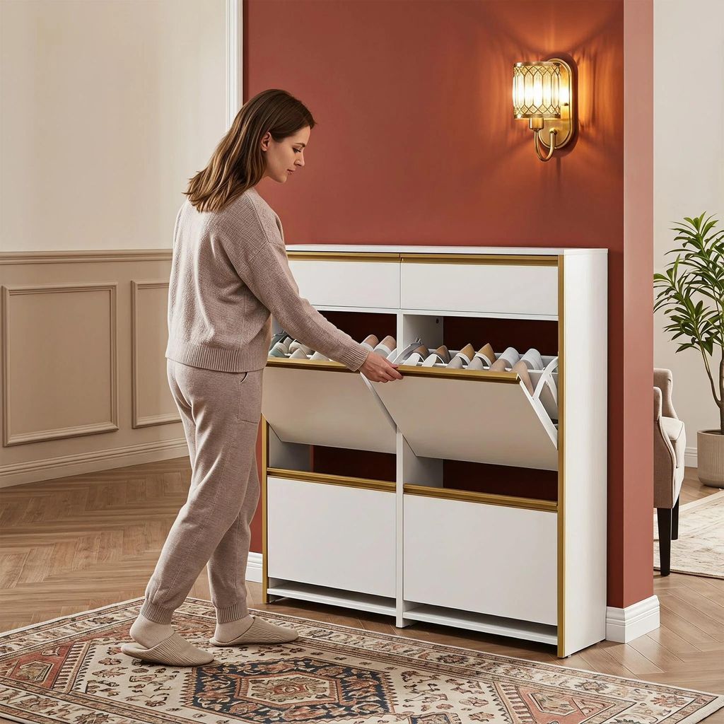 Schuhschrank mit 4 Klapptüren,100 x 24 x 99 cm, Weiß-Gold
