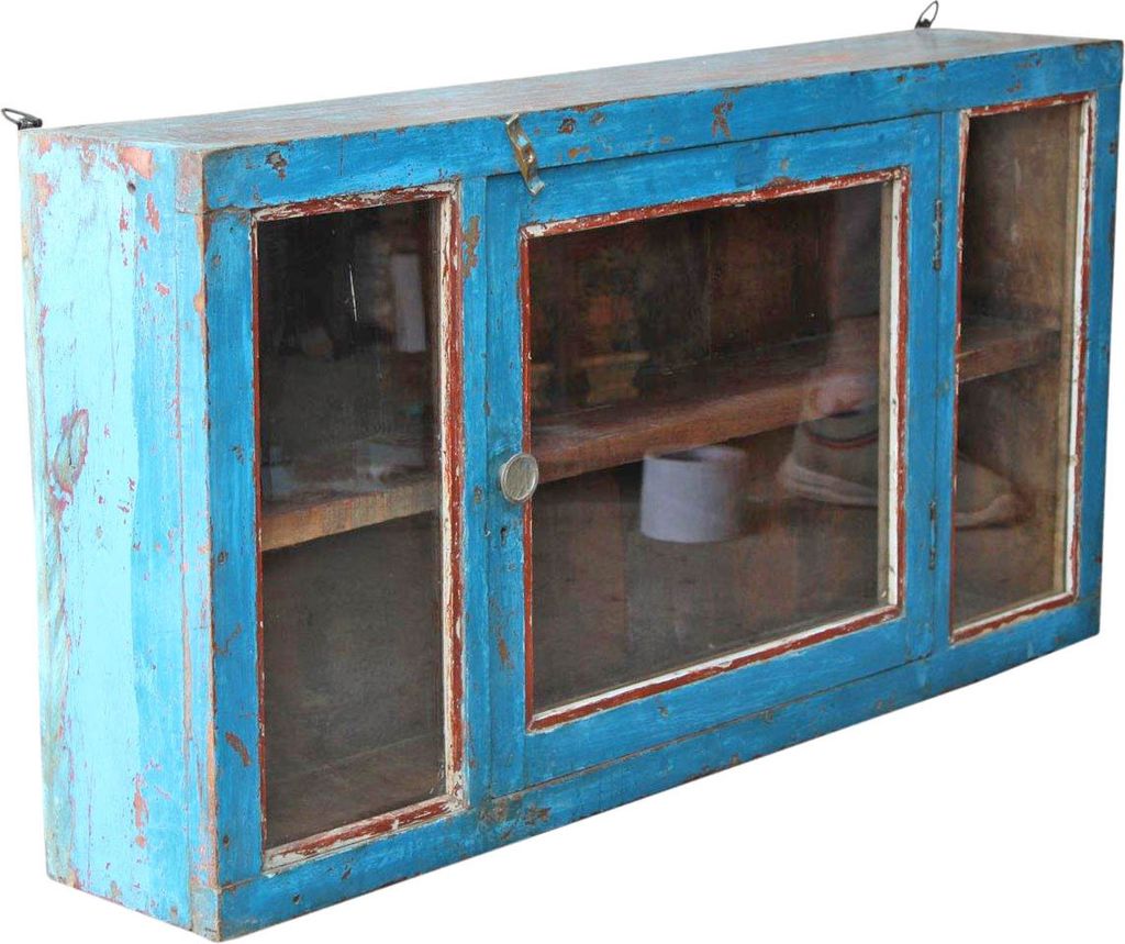 Beistellschrank, Kommode, Nachttischschrank, Flurschrank mit Glastür - Modell 16, Türkis, Holz,Glas, 46*92*17 cm, Vitrinen