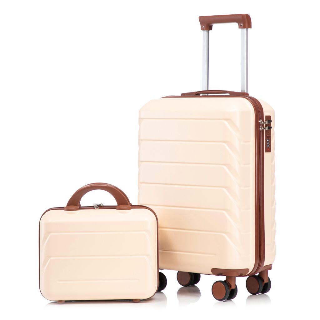 LVHOM Hartenschalenkoffer-Set 2-teilig aus ABS-Hartschale, 14"-19"-Set mit 360° Rollen, Reisekoffer-Set, Trolley Set wasserdicht, Beige