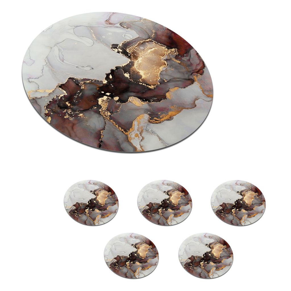KitchenYeah Glasuntersetzer Rund 6er Set Rot - Marmor - Gold 10x10 cm Untersetzer für Gläser - Getränkeuntersetzer - Tischplattenschutz - Tis...