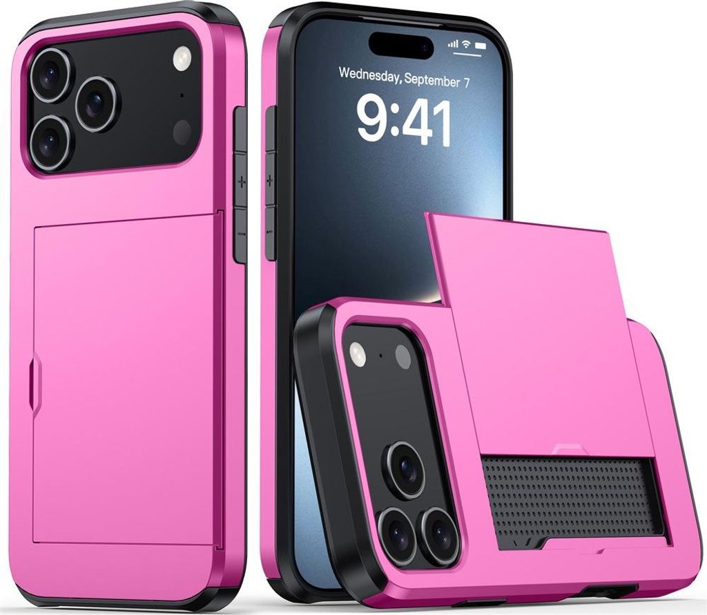 Handyhülle für iPhone 17, Kartenfach Hülle für iPhone – TPU+PC Dual-Layer Stoßfeste Schutzhülle mit Platz für 2 Karten, Rosa